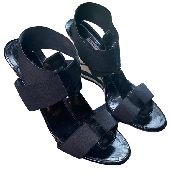 Manolo Blahnik | Size 38.5/8.5 Zebra Print Open Toe Wedge Heels - Picture 6 of 7